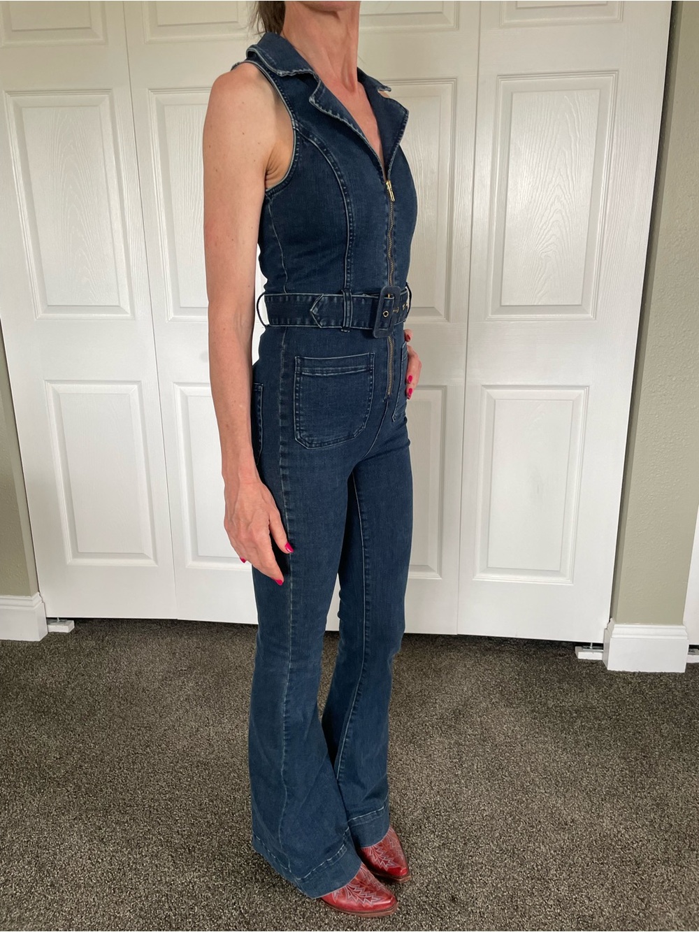 Show Me Your MuMu Dark Blue Denim Flare Jumpsuit with Belt - Picture 2 of 8